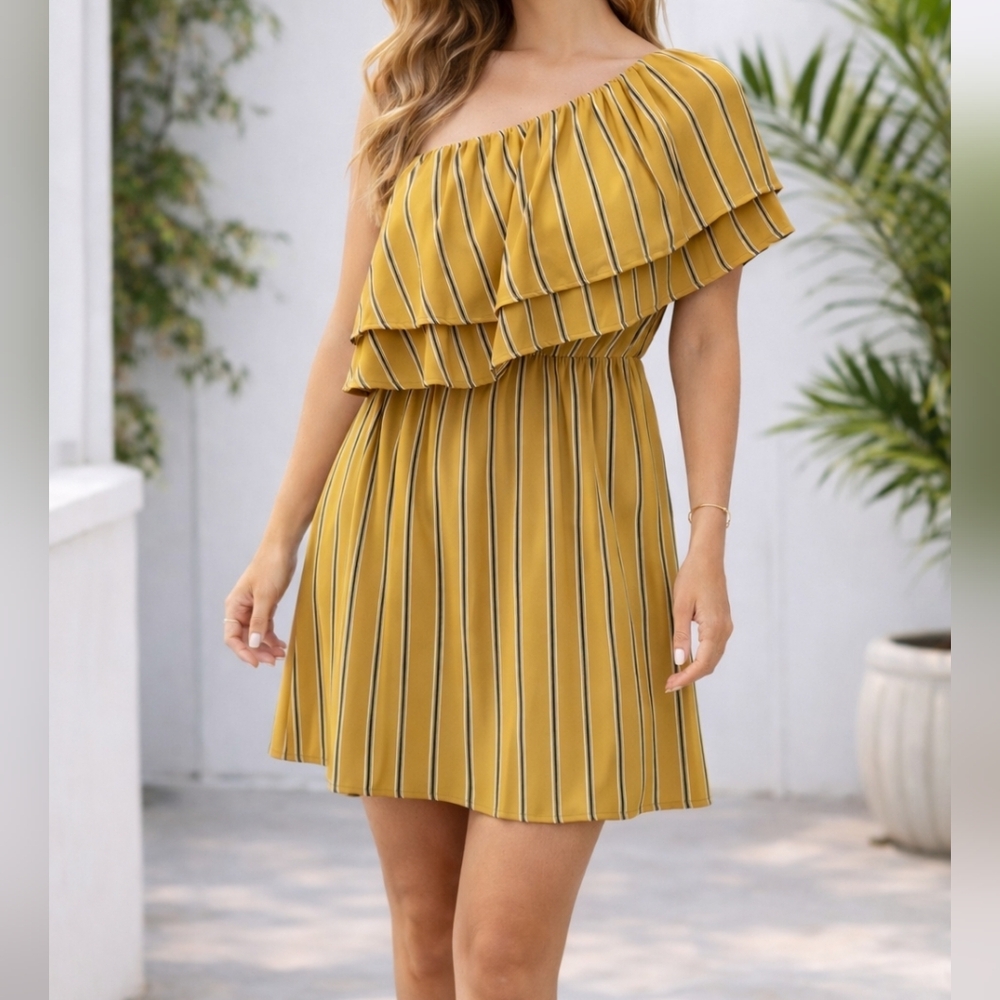 NWT Boutique Gold Striped One-Shoulder Mini Dress | XL